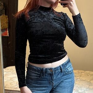 Classic Black Velvet Long-Sleeve Crop Top